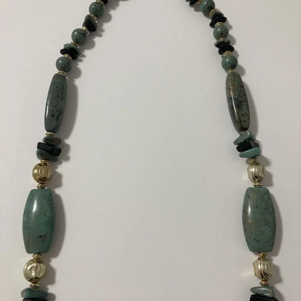 Green Black Gold Round Oval Faux Stone Long Beaded String Bohemian Necklace